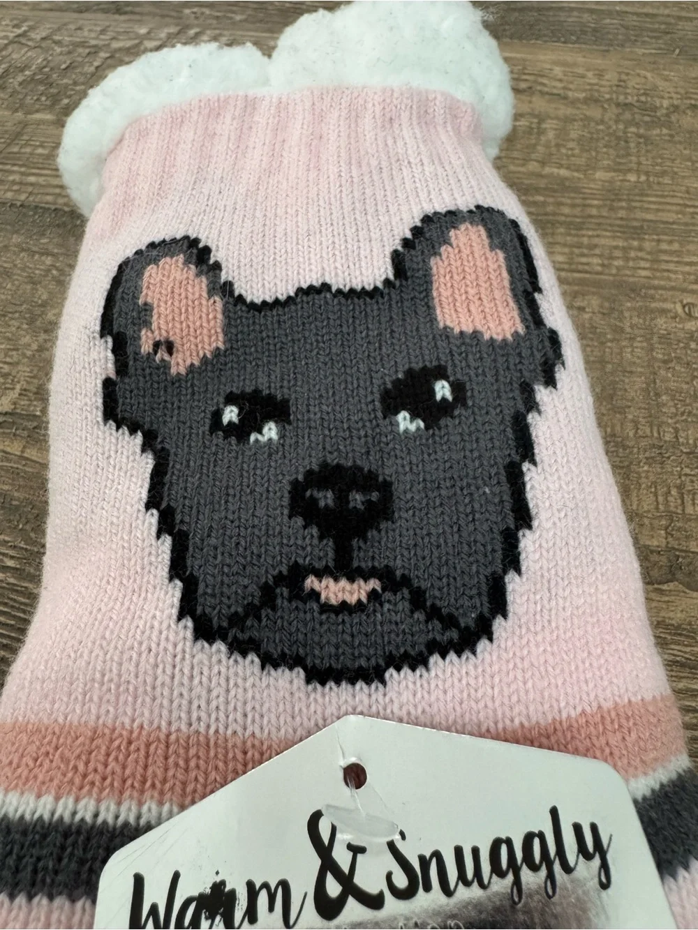 Warm & Snuggly Faux Fur Lined Slipper Socks - Pink & Gray Stripes